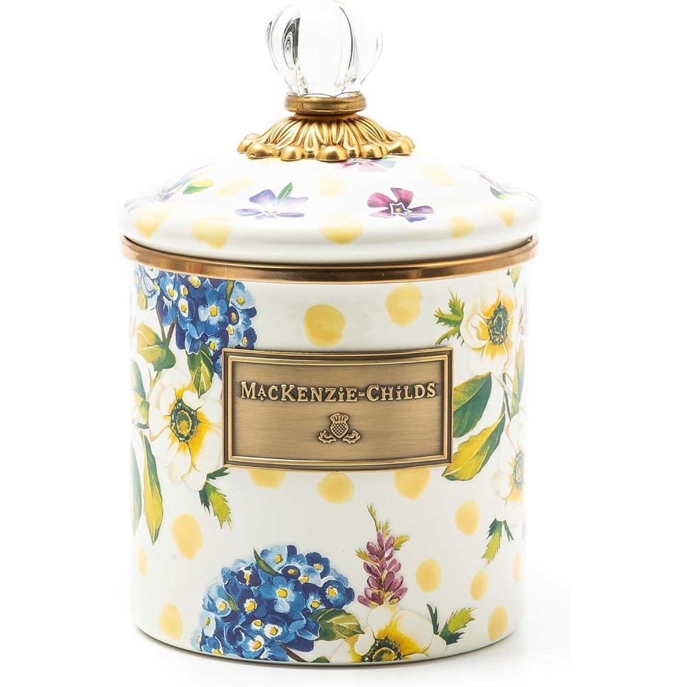 imageMACKENZIECHILDS Enamel Canister Kitchen Storage Container with Lid Small Wild Rose WhiteYellow Wildflower