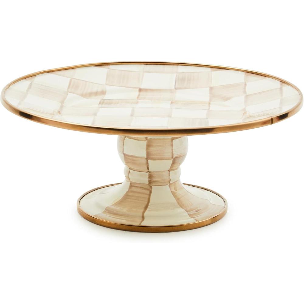 imageMACKENZIECHILDS Enamel Pedestal Platter Round Cake Stand Large BlueandWhite Royal CheckMocha Check