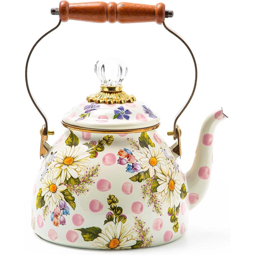 imageMACKENZIECHILDS Enamel Tea Kettle Cute Tea Kettle for Stovetop 2 Quarts Wild Rose WhitePink Wildflowers