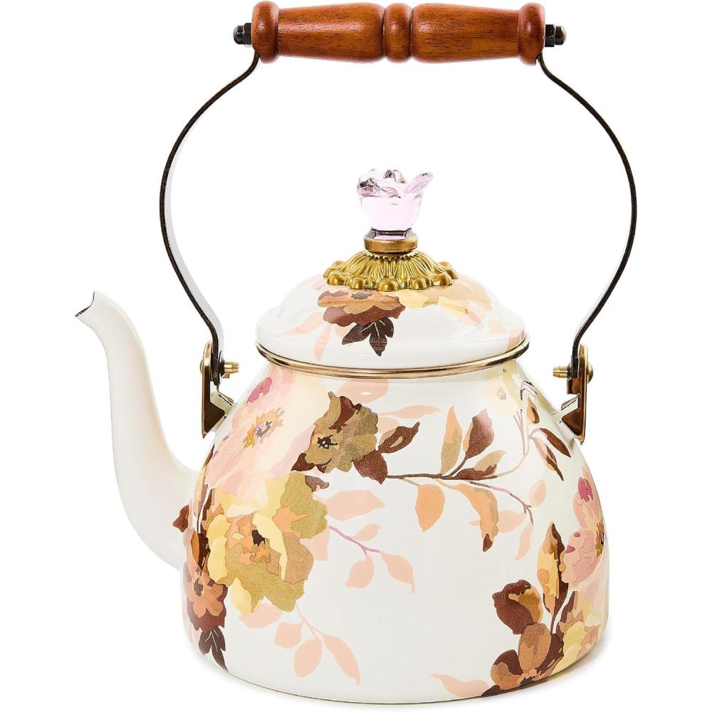 imageMACKENZIECHILDS Enamel Tea Kettle Cute Tea Kettle for Stovetop 2 Quarts Wild Rose WhiteWhite Wild Rose