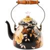 MACKENZIE-CHILDS Enamel Tea Kettle, Cute Tea Kettle for Stovetop, 2 Quarts, Wild Rose White(Brown Wild Rose)