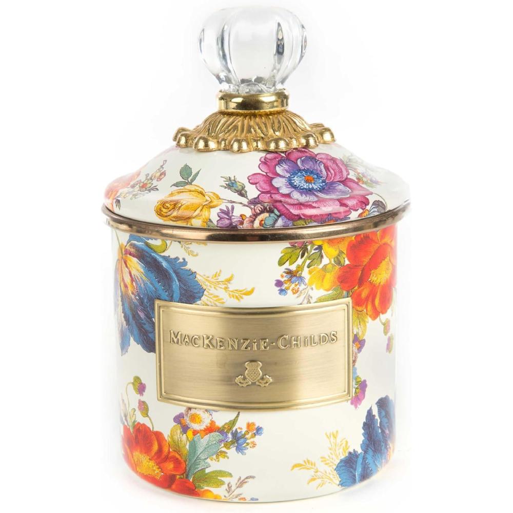 imageMACKENZIECHILDS Demi Enamel Canister Kitchen Storage Container for Sugar or LooseLeaf Tea 24 Ounces White Flower Market