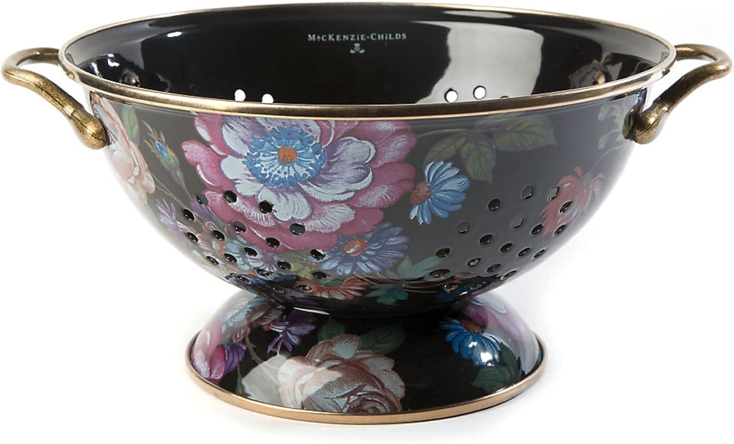 imageMACKENZIECHILDS Enamel Colander Decorative Kitchen Strainer Cute Enamel Cookware Small Black Flower MarketBlack Flower Market