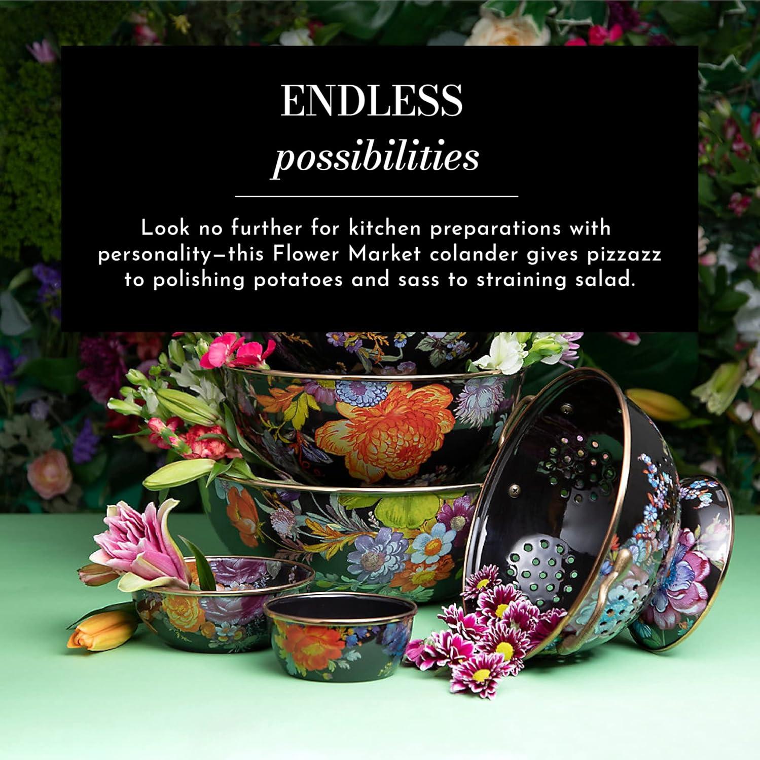 imageMACKENZIECHILDS Enamel Colander Decorative Kitchen Strainer Cute Enamel Cookware Small Black Flower MarketBlack Flower Market