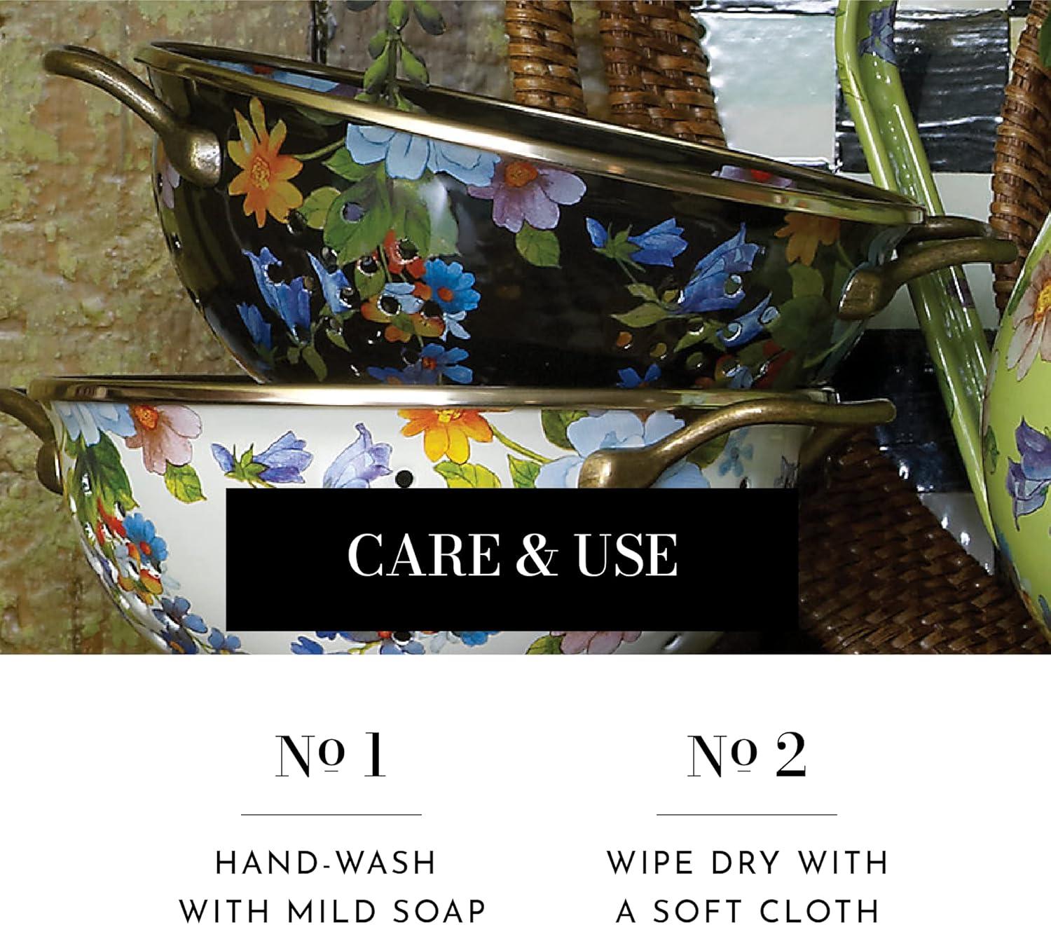 imageMACKENZIECHILDS Enamel Colander Decorative Kitchen Strainer Cute Enamel Cookware Small Black Flower MarketBlack Flower Market