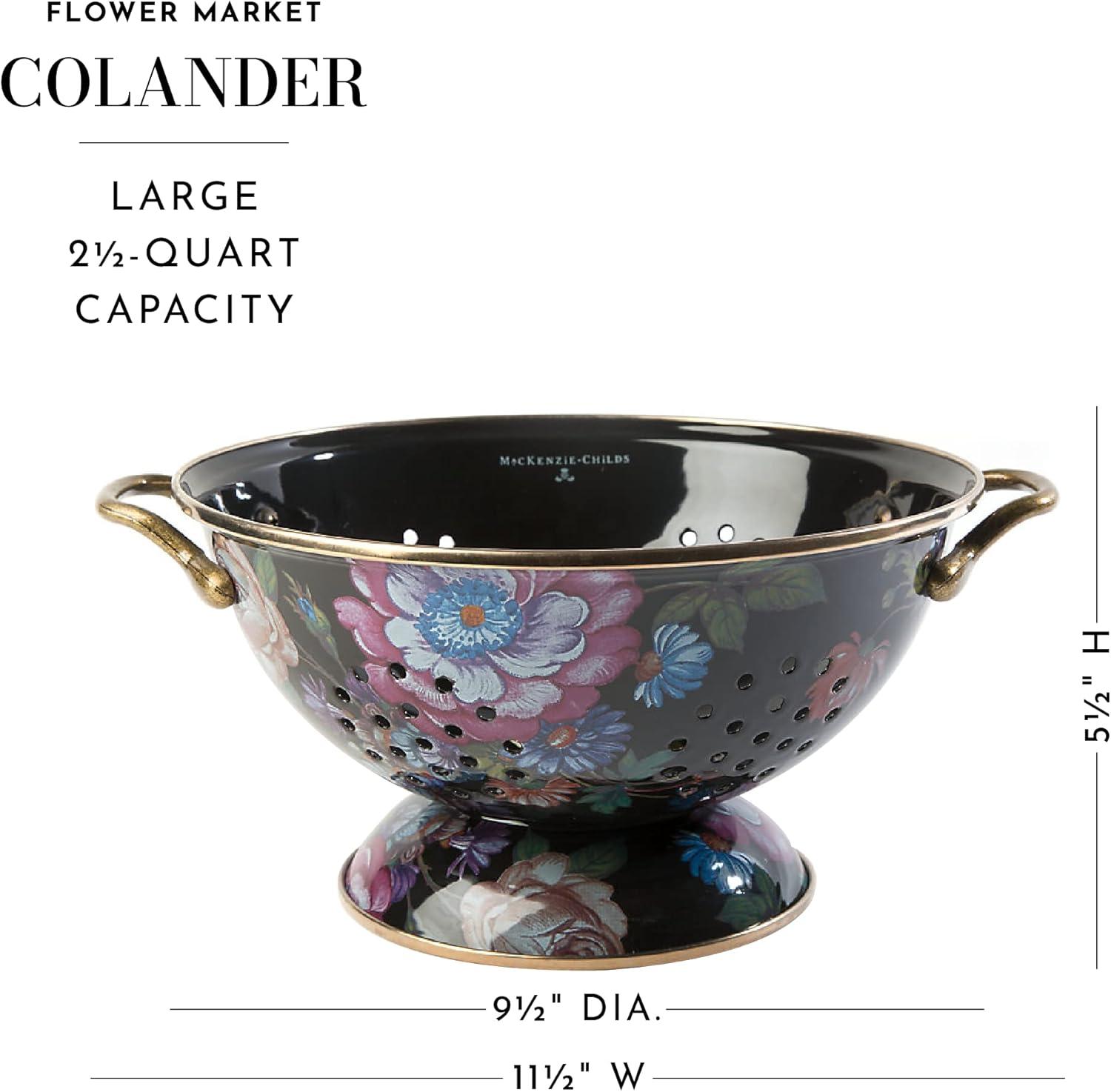 imageMACKENZIECHILDS Enamel Colander Decorative Kitchen Strainer Cute Enamel Cookware Small Black Flower MarketBlack Flower Market