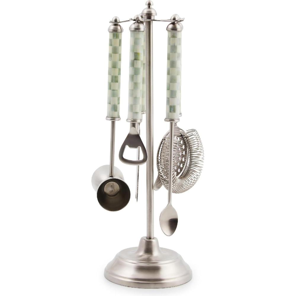 imageMACKENZIECHILDS 3260 BarTool Set 5Piece Set with StainlessSteel Jigger Strainer Bottle Opener Mixing Spoon Knife and Stand GrayandWhite Sterling Check