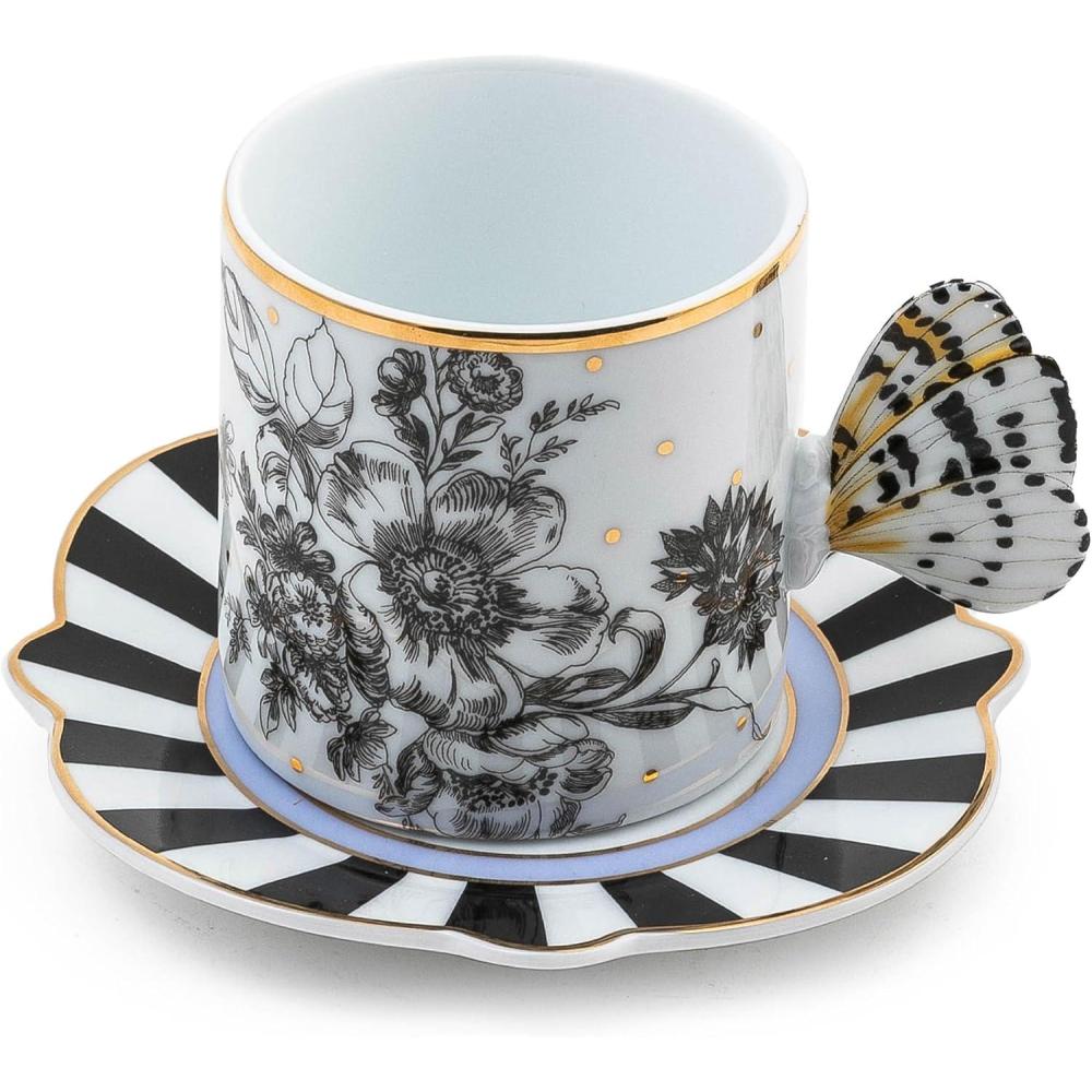 imageMACKENZIECHILDS Butterfly Toile Ceramic Mug with Saucer 12 Ounces