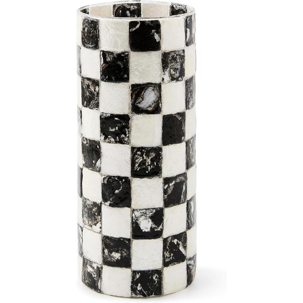 imageMACKENZIECHILDS Capiz Small Vase Unique FlowerVase Decor GrayandWhite Sterling CheckCourtly Check