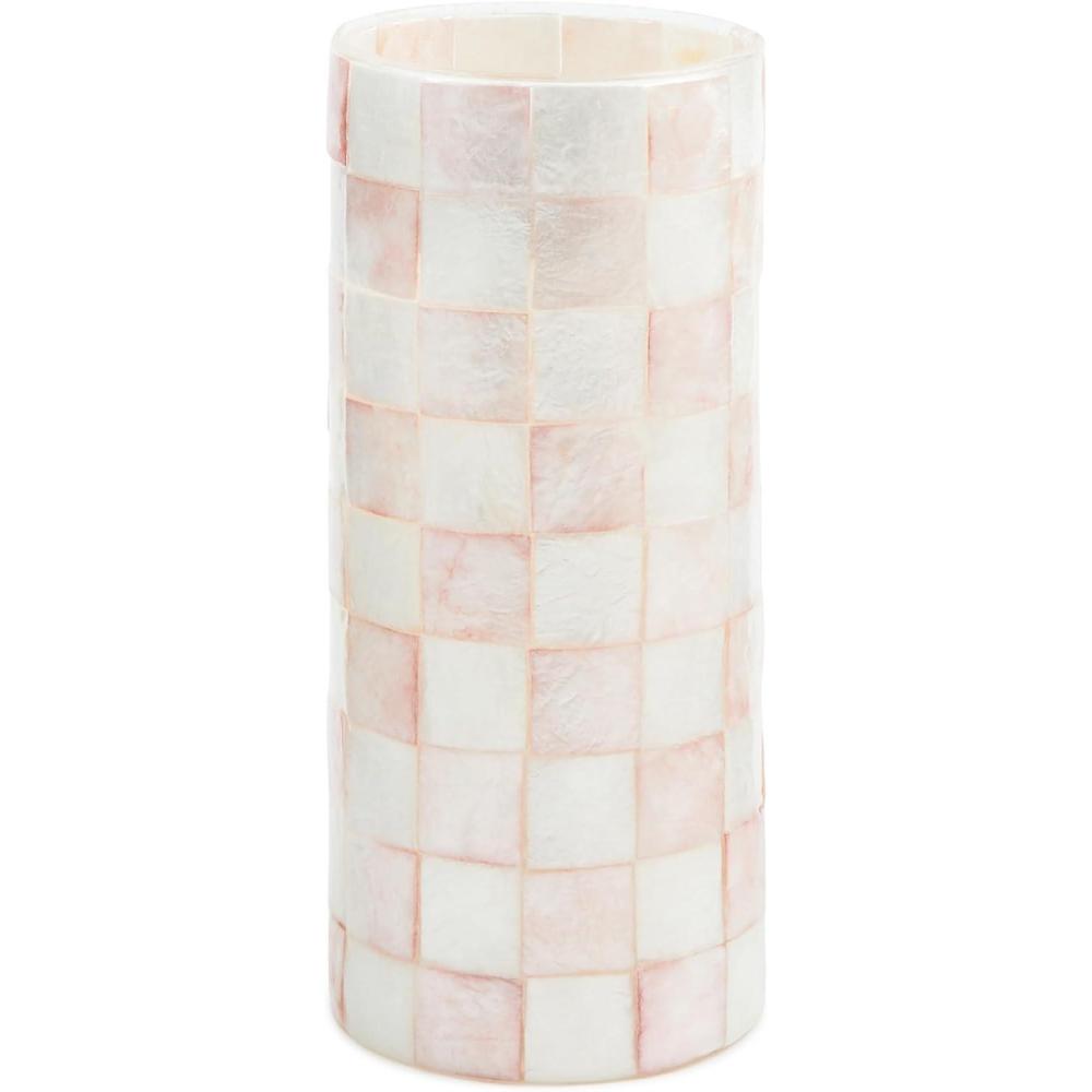 imageMACKENZIECHILDS Capiz Small Vase Unique FlowerVase Decor GrayandWhite Sterling CheckRosy Check