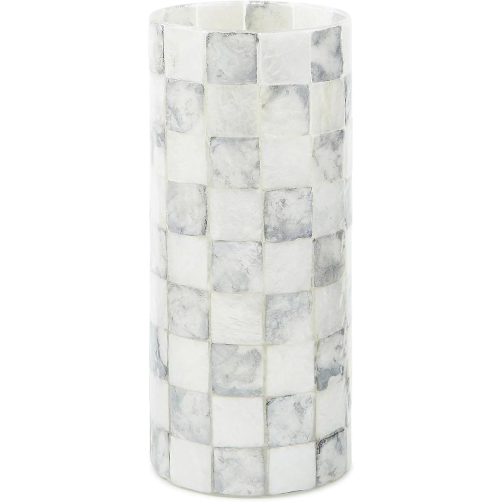 imageMACKENZIECHILDS Capiz Small Vase Unique FlowerVase Decor GrayandWhite Sterling CheckSterling Check