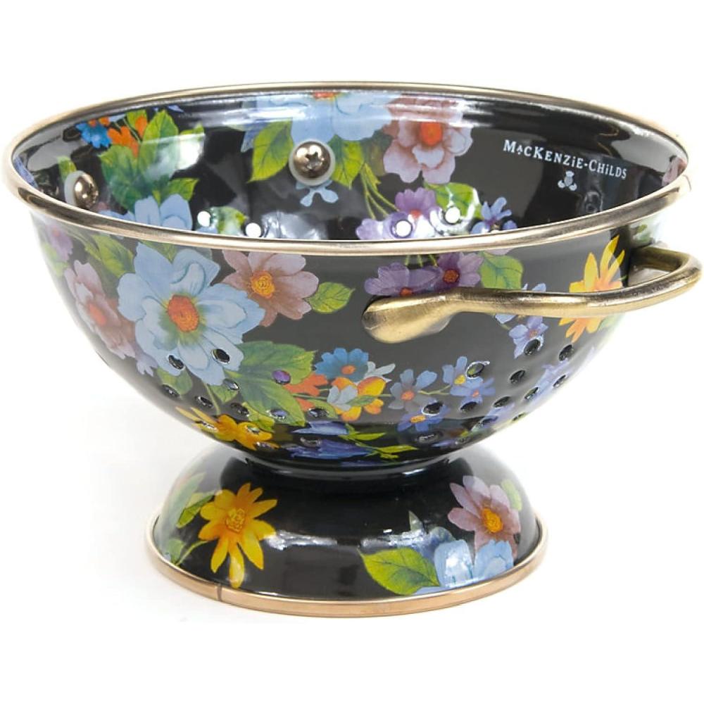 imageMACKENZIECHILDS Enamel Colander Decorative Kitchen Strainer Cute Enamel Cookware Small Black Flower MarketBlack Flower Market