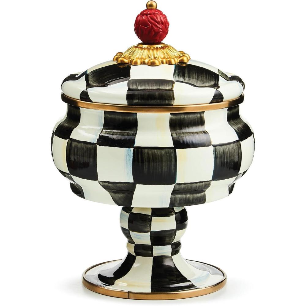 imageMACKENZIECHILDS Enamel Curiosity Pot Decorative Container for Home Decor BlackandWhite Courtly CheckCourtly Check