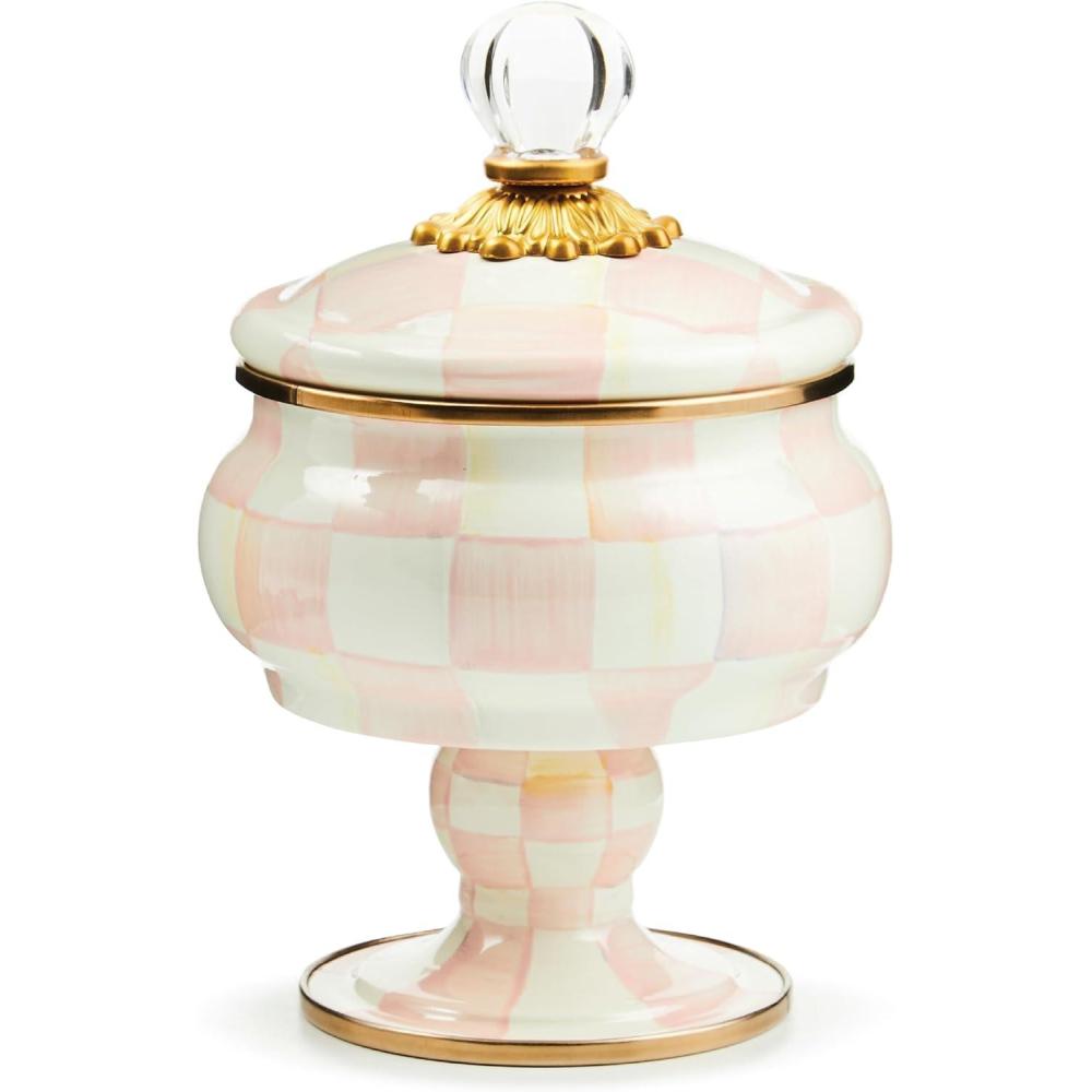 imageMACKENZIECHILDS Enamel Curiosity Pot Decorative Container for Home Decor BlackandWhite Courtly CheckRosy Check