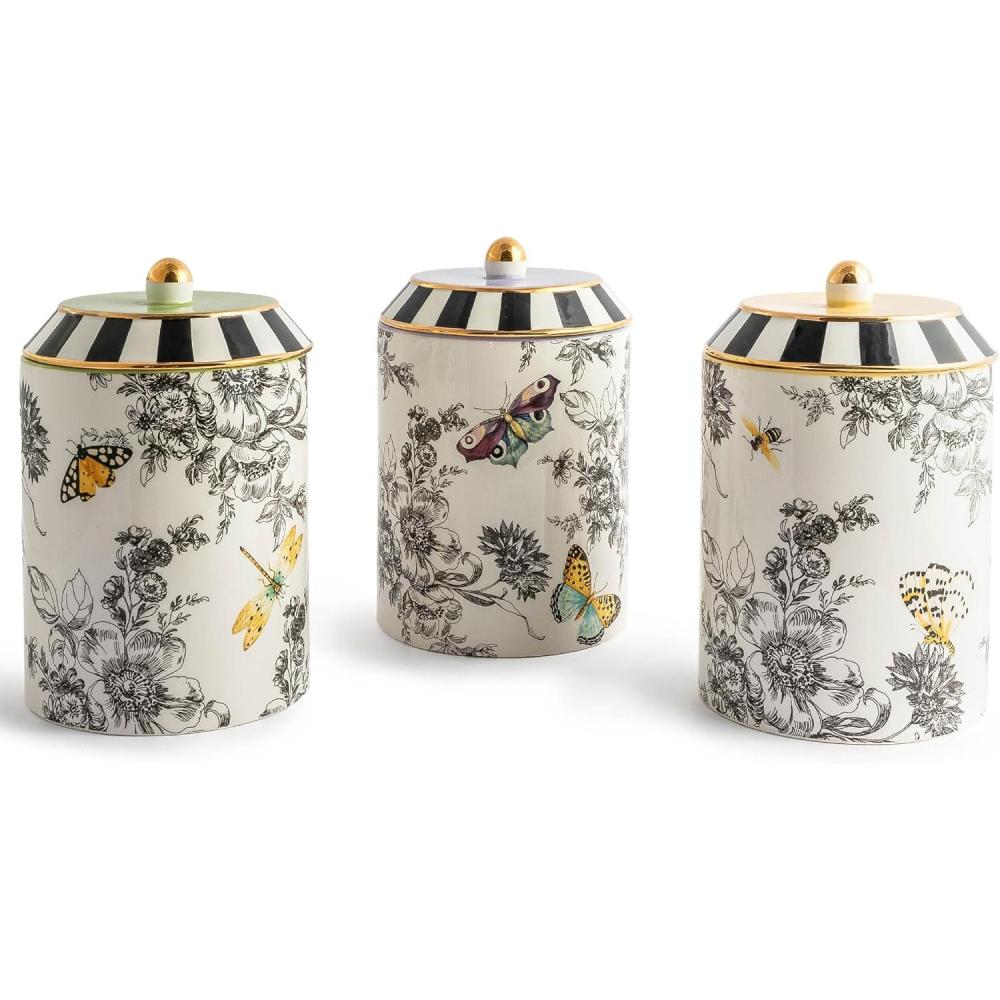 imageMACKENZIECHILDS Set of 3 Ceramic Canisters Lidded Kitchen Canister Set Butterfly Toile