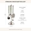 MACKENZIE-CHILDS 3260 Bar-Tool Set, 5-Piece Set with Stainless-Steel Jigger, Strainer, Bottle Opener, Mixing Spoon, Knife, and Stand, Gray-and-White Sterling Check