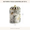 MACKENZIE-CHILDS Set of 3 Ceramic Canisters, Lidded Kitchen Canister Set, Butterfly Toile