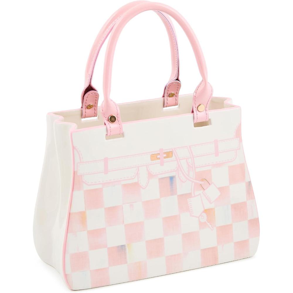 imageMACKENZIECHILDS Ceramic Handbag Vase Unique FlowerVase Decor PinkandWhite Rosy Check Doodles