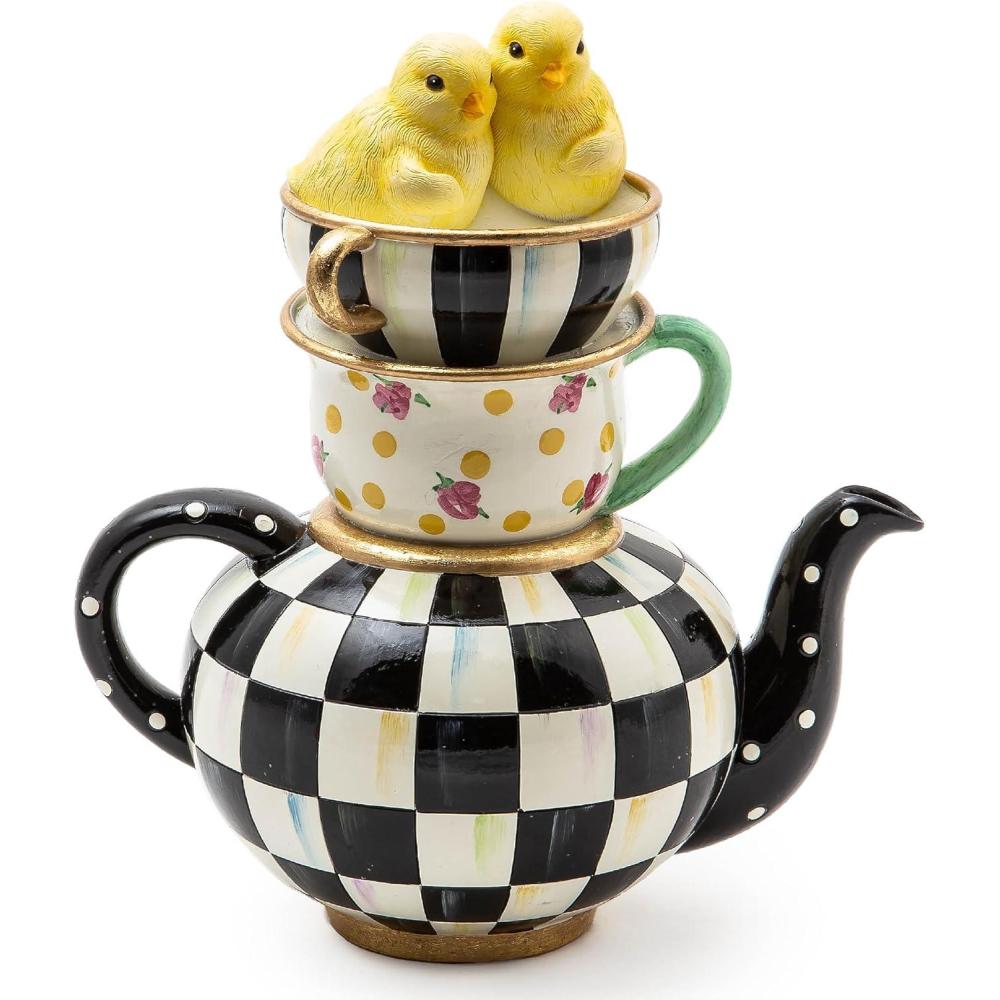 imageMACKENZIECHILDS Courtly Chickatee Teapot Cute Tea Kettle and Chick Spring Decor
