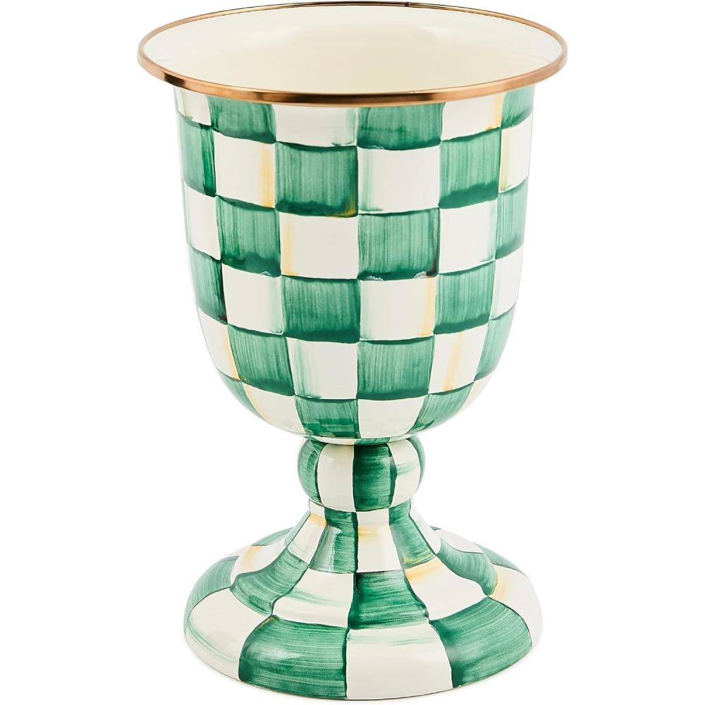 imageMACKENZIECHILDS Pedestal Vase Decorative Centerpiece and Flower Holder GreenandWhite Emerald CheckEmerald Check