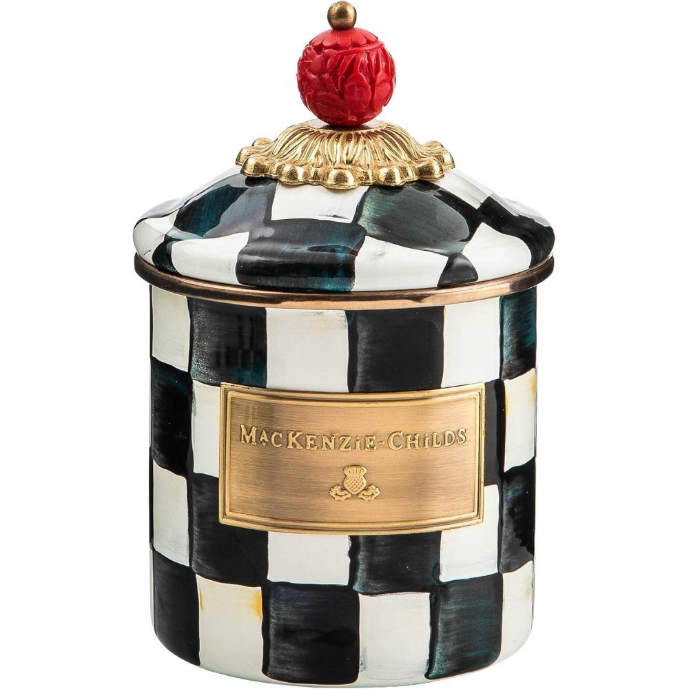 imageMACKENZIECHILDS Royal Check Enamel Canister BlueandWhite Kitchen Storage Container with Lid DemiCourtly Check