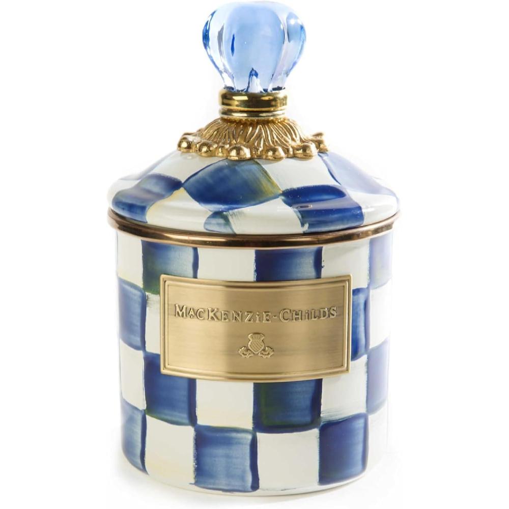 imageMACKENZIECHILDS Royal Check Enamel Canister BlueandWhite Kitchen Storage Container with Lid DemiRoyal Check