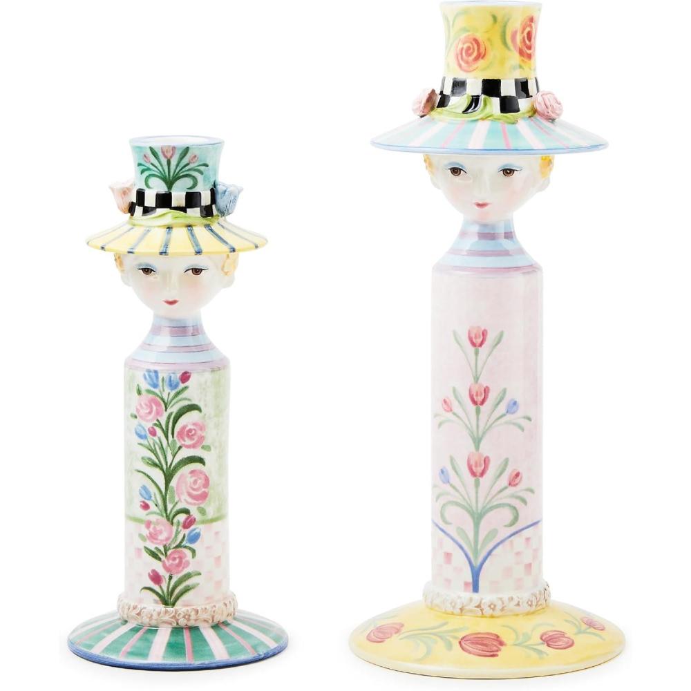 imageMACKENZIECHILDS Set of 2 Rosy Meadow Lady Ceramic Candle Holders CandleHolder Decor