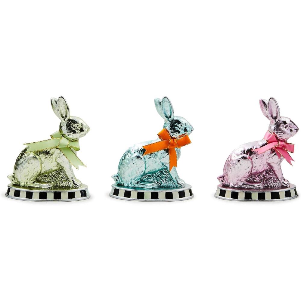 imageMACKENZIECHILDS Set of 3 Calico Mini Foil Bunny Figures Spring and Easter Rabbit Decor