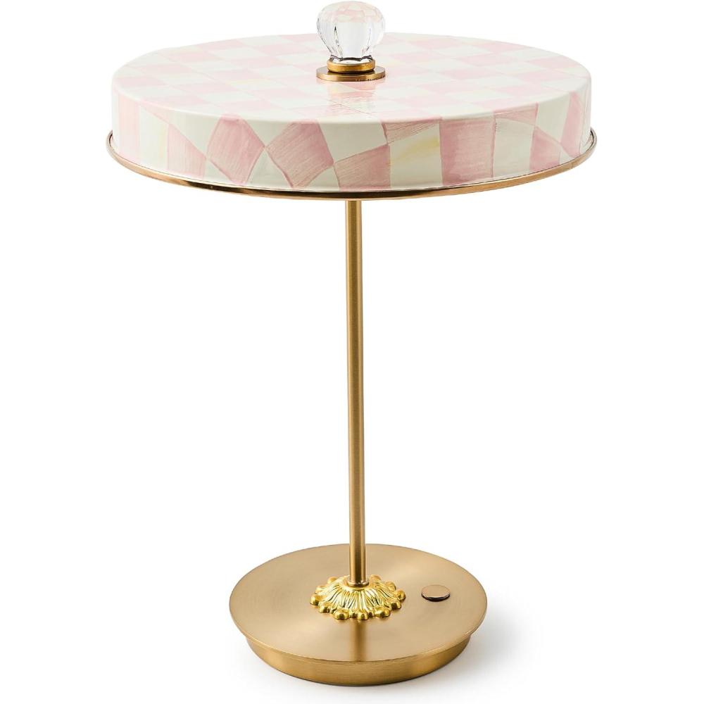 imageMACKENZIECHILDS LED Rechargeable Disk Table Lamp Cordless Touch Lamp GrayandWhite Sterling CheckRosy Check