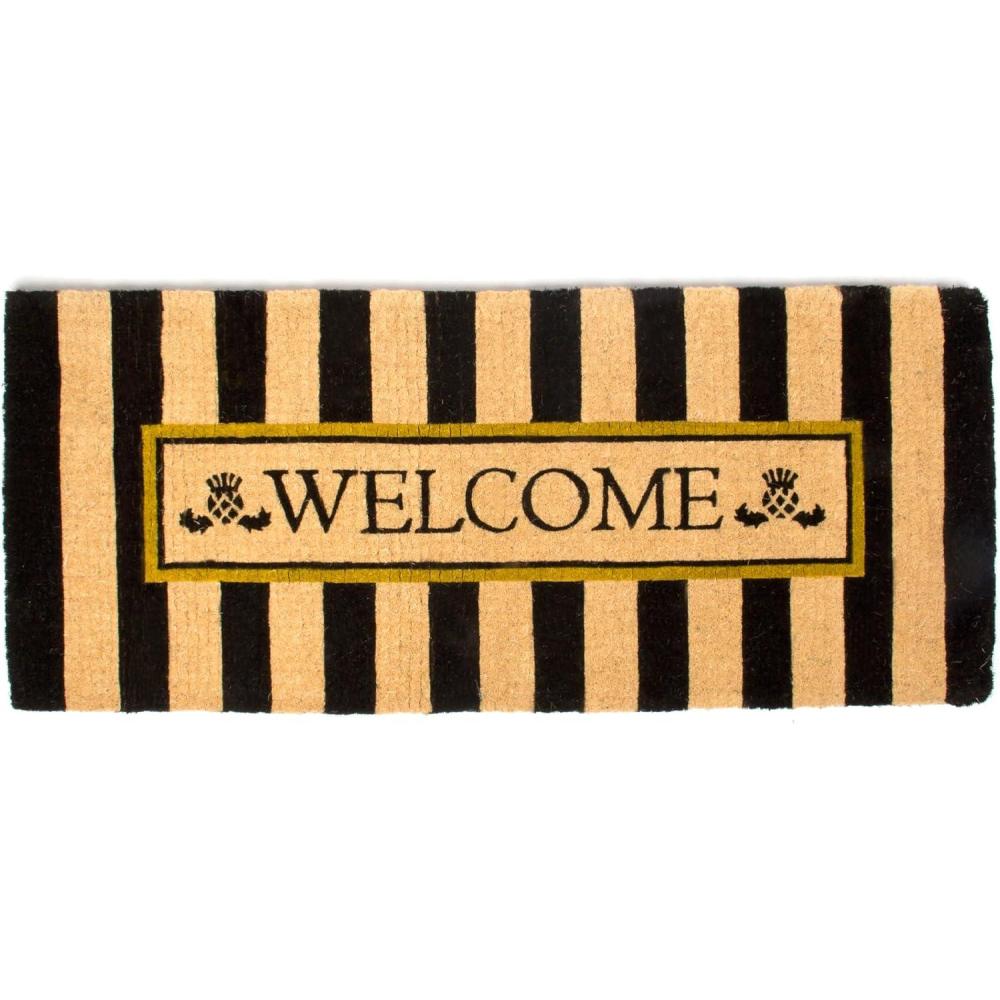 imageMACKENZIECHILDS DoubleDoor Entrance Mat Decorative Outdoor Coir Doormat Double FrontDoor Mat and Welcome Mat Welcome CheckedAwning Stripe