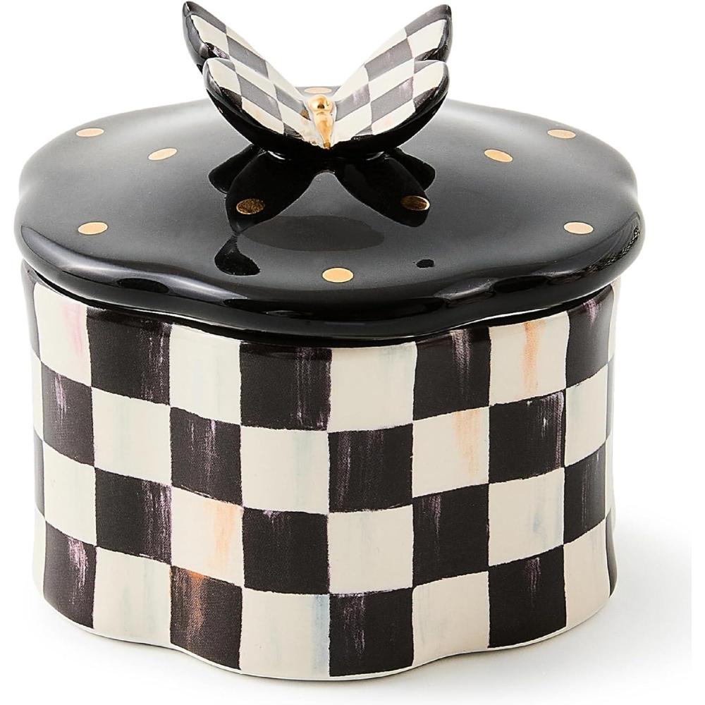 imageMACKENZIECHILDS Ceramic Trinket Box Decorative Storage Box for Home Use BlackandWhite Courtly Check Butterfly