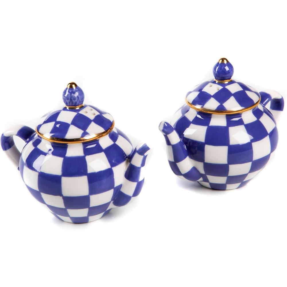 imageMACKENZIECHILDS Teapot Salt and Pepper Shaker Set Ceramic Salt and Pepper Holders BlueandWhite Royal CheckRoyal Check