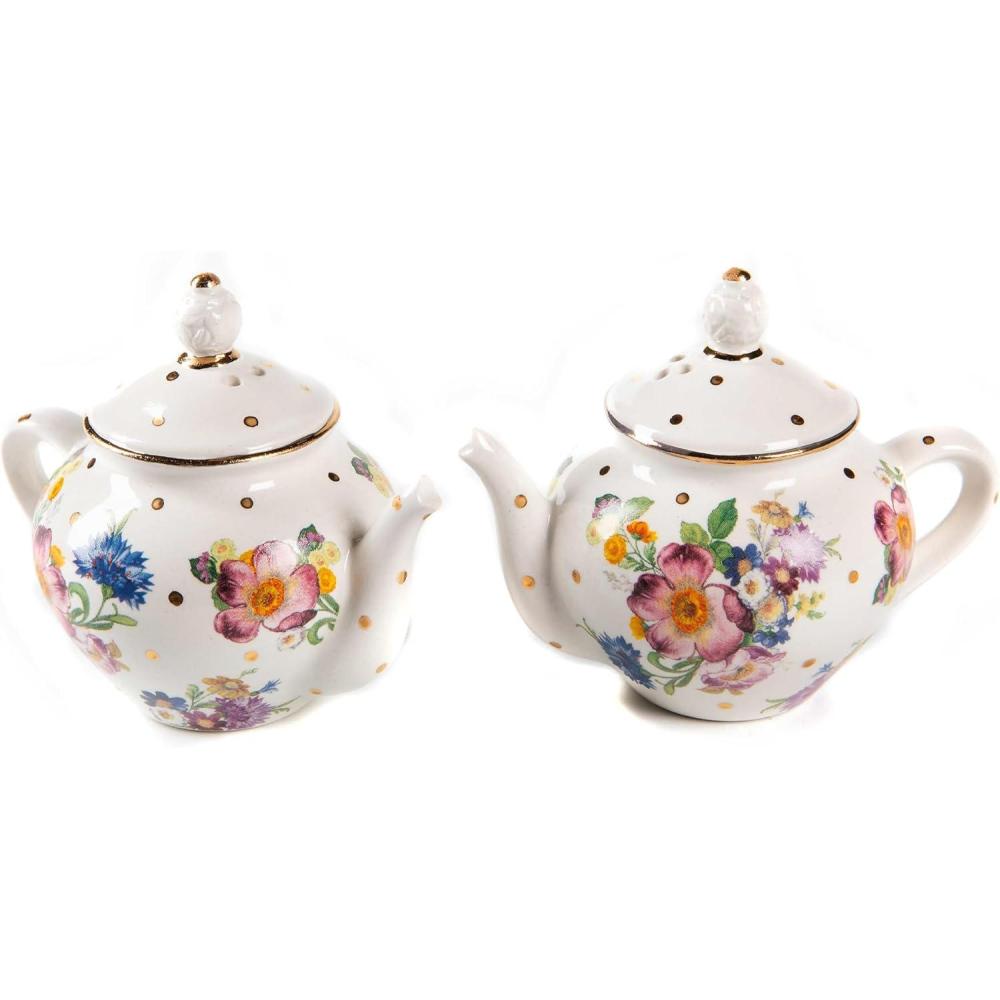 imageMACKENZIECHILDS Teapot Salt and Pepper Shaker Set Ceramic Salt and Pepper Holders BlueandWhite Royal CheckWhite Flower Market