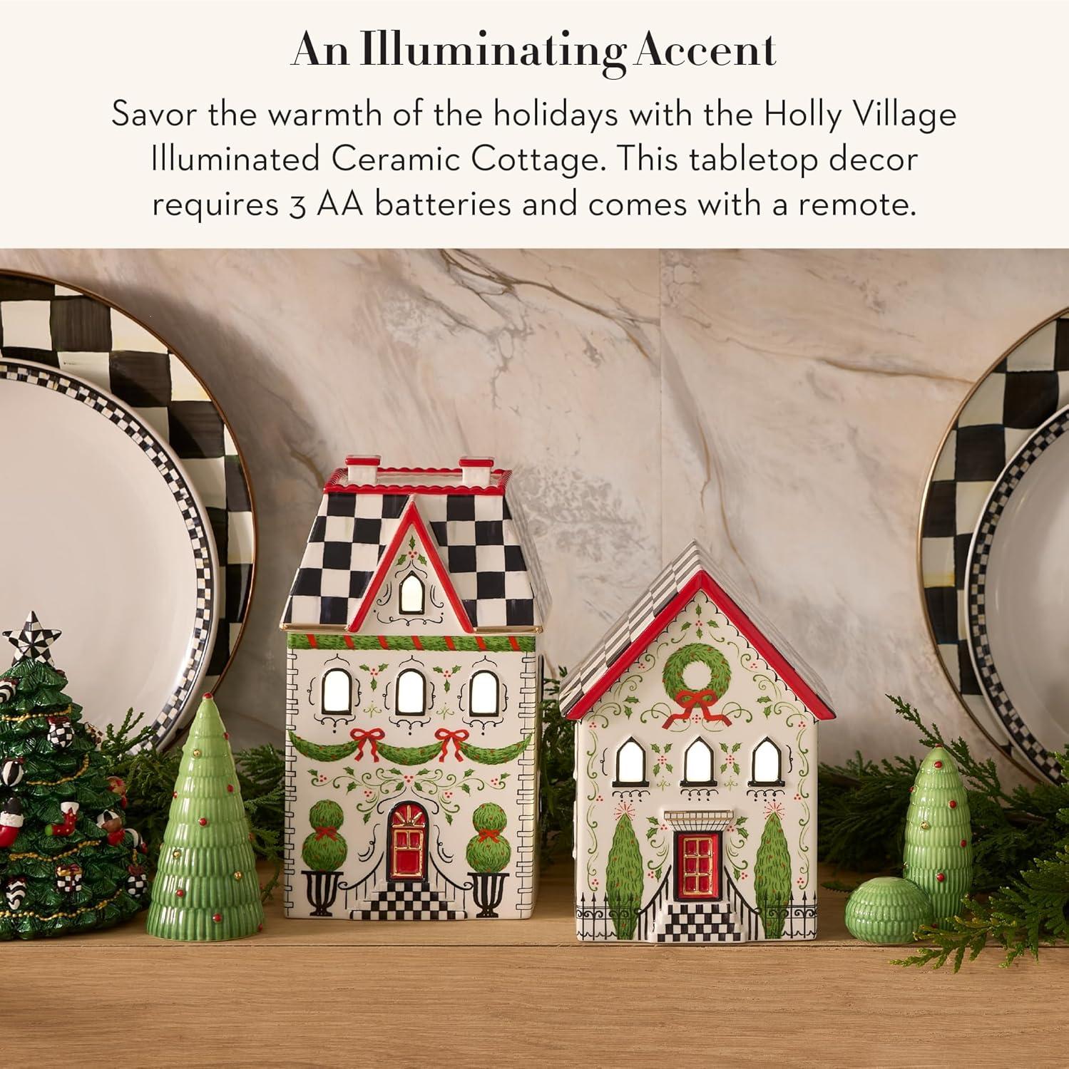 imageMACKENZIECHILDS Illuminated Ceramic Cottage Indoor Christmas Home Decor Holly VillageCottage
