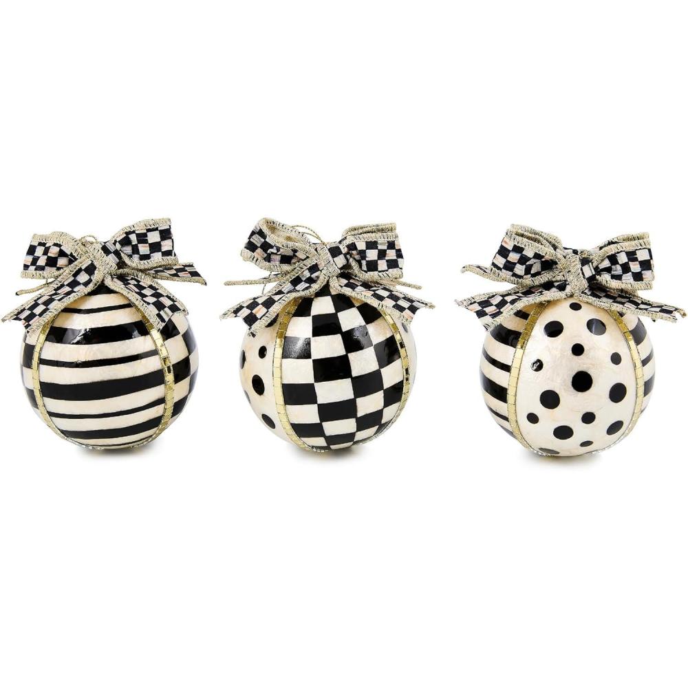 imageMACKENZIECHILDS Set of 3 Capiz Ball Ornaments Christmas Tree Decorations Set BlackandWhite Courtly NoelCourtly Noel