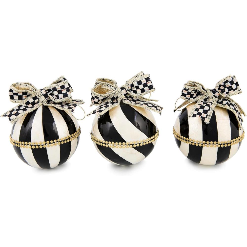 imageMACKENZIECHILDS Set of 3 Capiz Ball Ornaments Christmas Tree Decorations Set BlackandWhite Courtly NoelCourtly Noel Stripe