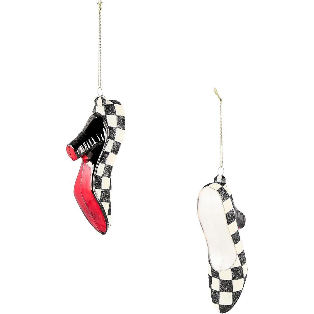 imageMACKENZIECHILDS Set of 4 Glass Ornaments Christmas Tree Decorations Check It Out SantaCourtly High Heels