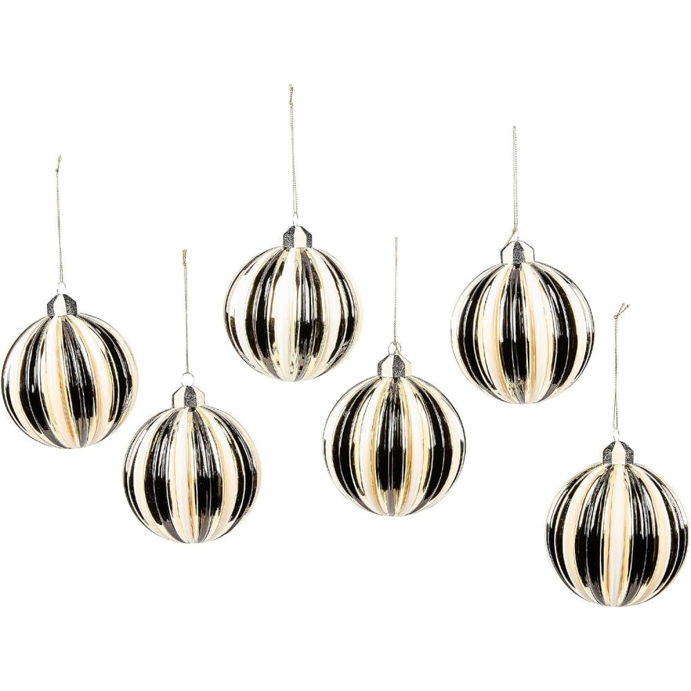 imageMACKENZIECHILDS Set of 4 Glass Ornaments Christmas Tree Decorations Check It Out SantaCourtly Noel Stripe