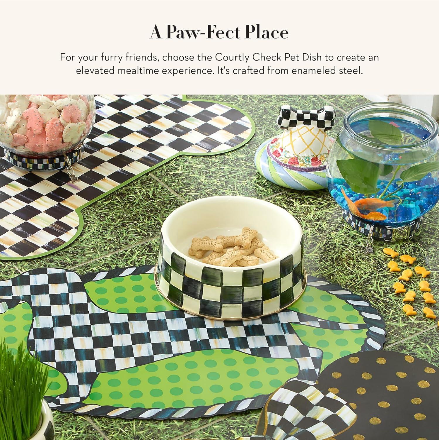 imageMACKENZIECHILDS Enamel Cat Dish Cute Cat Bowl for Food and Water GreenandWhite Emerald CheckCourtly Check