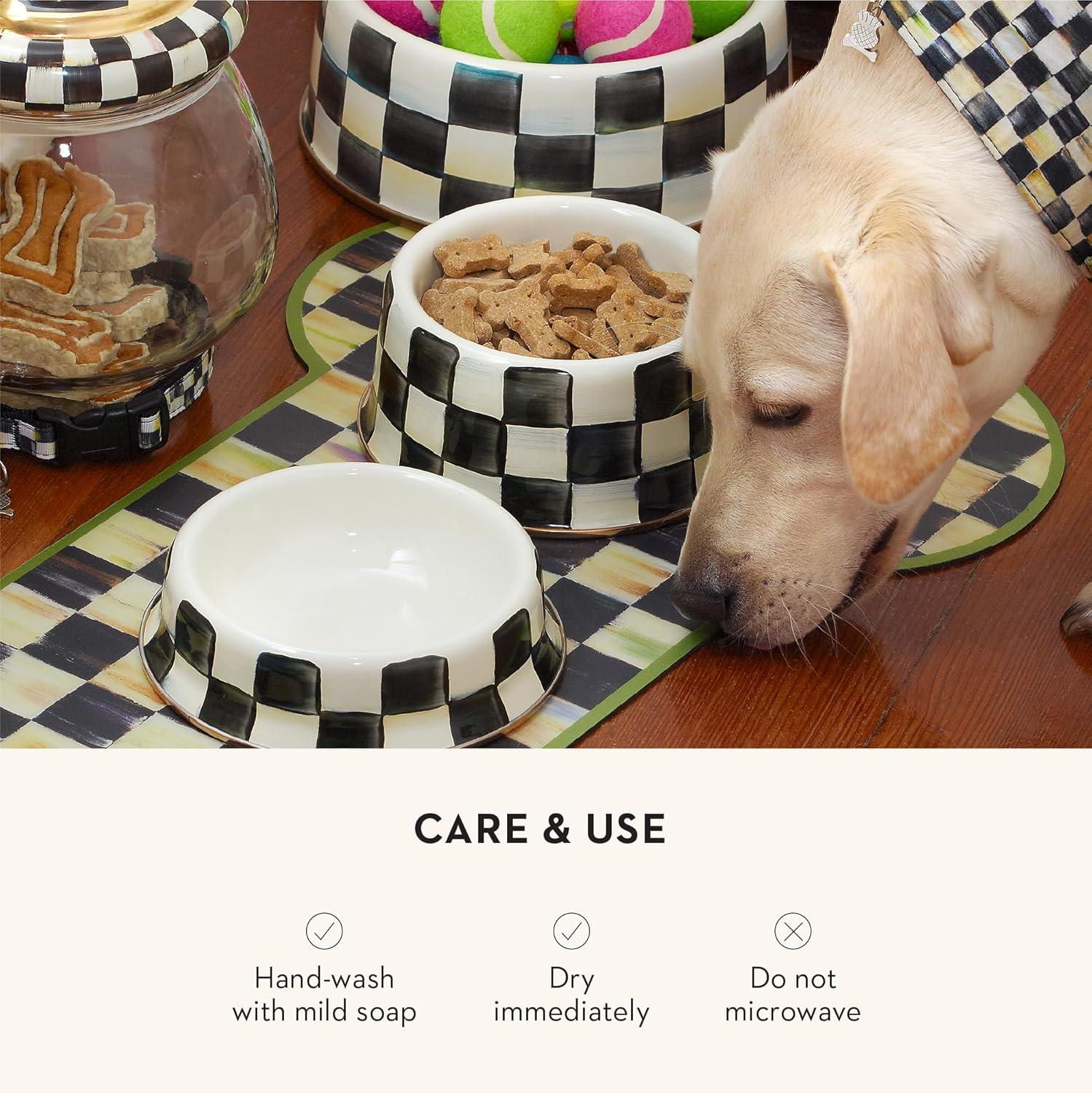 imageMACKENZIECHILDS Enamel Cat Dish Cute Cat Bowl for Food and Water GreenandWhite Emerald CheckCourtly Check