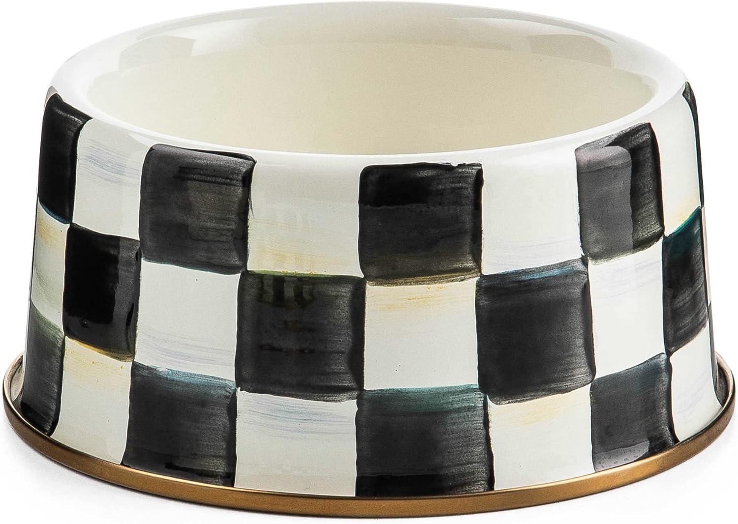 imageMACKENZIECHILDS Enamel Cat Dish Cute Cat Bowl for Food and Water GreenandWhite Emerald CheckCourtly Check