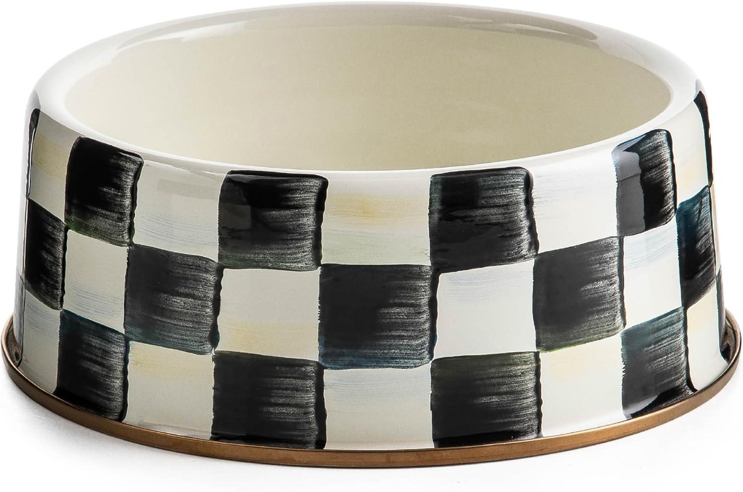 imageMACKENZIECHILDS Enamel Cat Dish Cute Cat Bowl for Food and Water GreenandWhite Emerald CheckCourtly Check