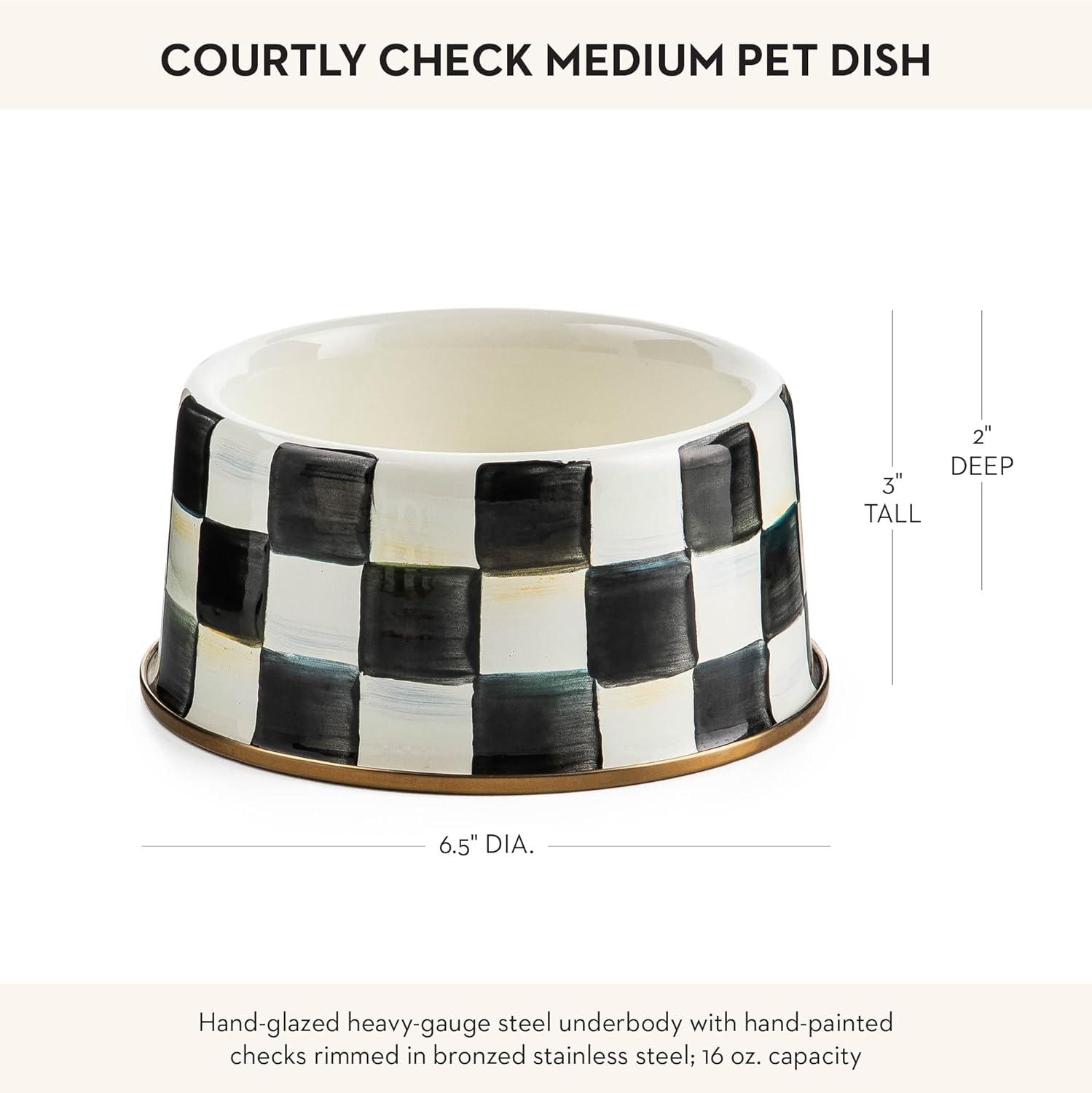 imageMACKENZIECHILDS Enamel Cat Dish Cute Cat Bowl for Food and Water GreenandWhite Emerald CheckCourtly Check