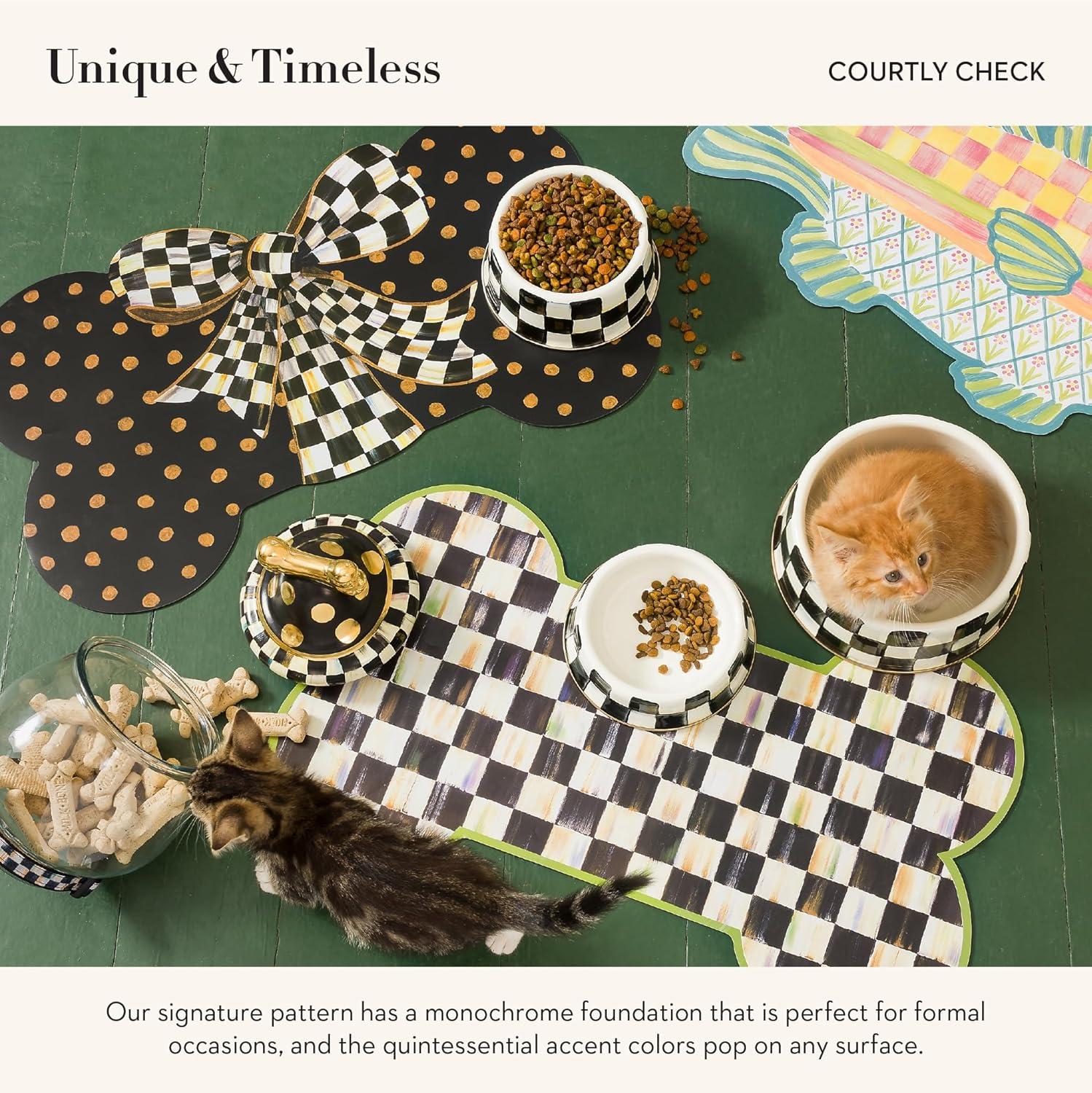 imageMACKENZIECHILDS Enamel Cat Dish Cute Cat Bowl for Food and Water GreenandWhite Emerald CheckCourtly Check