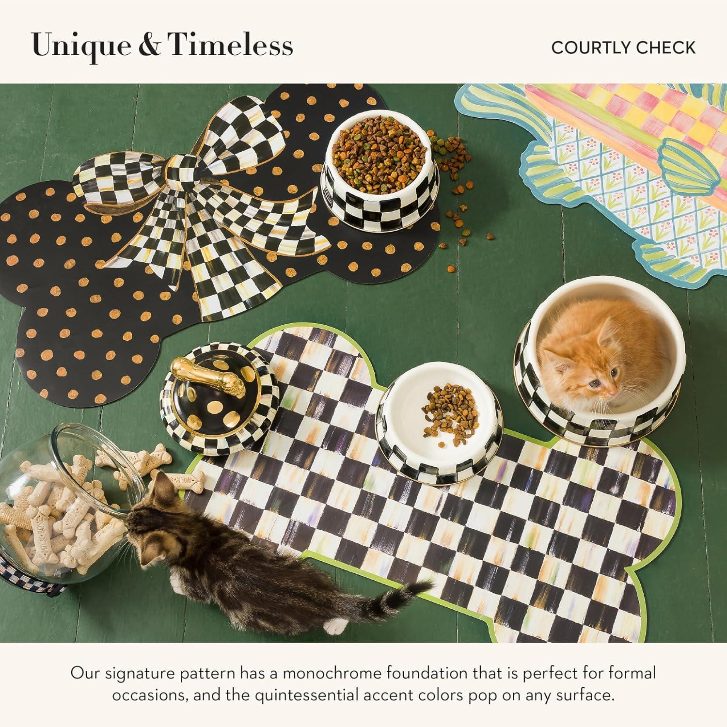 imageMACKENZIECHILDS Enamel Cat Dish Cute Cat Bowl for Food and Water GreenandWhite Emerald CheckCourtly Check