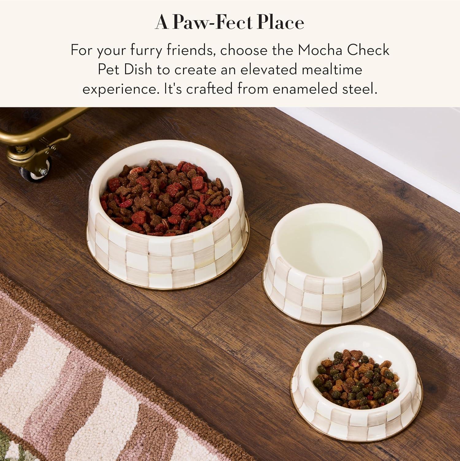 imageMACKENZIECHILDS Enamel Cat Dish Cute Cat Bowl for Food and Water GreenandWhite Emerald CheckMocha Check