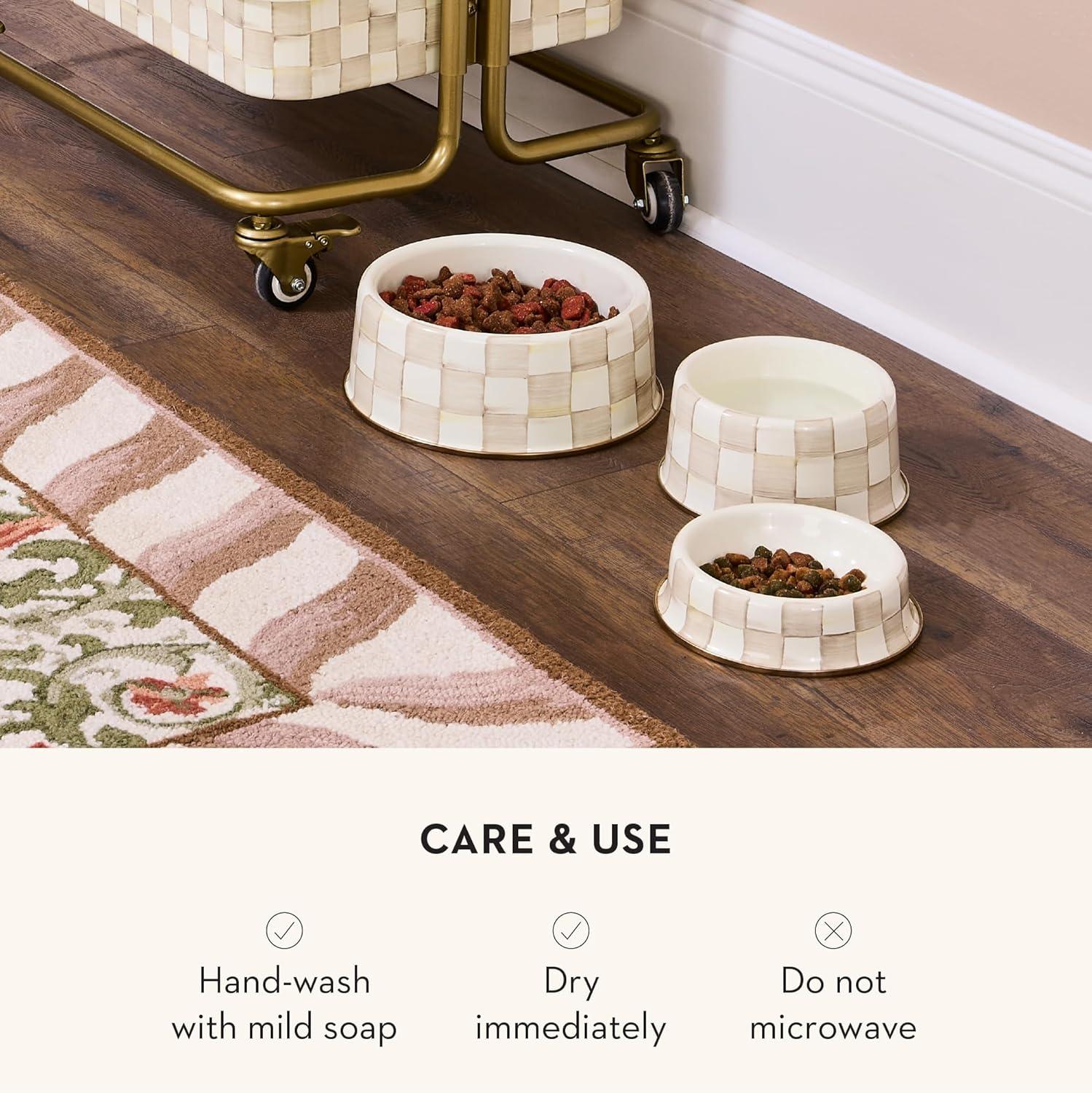 imageMACKENZIECHILDS Enamel Cat Dish Cute Cat Bowl for Food and Water GreenandWhite Emerald CheckMocha Check