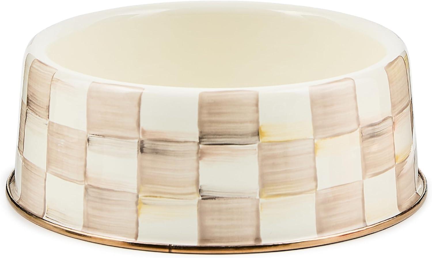 imageMACKENZIECHILDS Enamel Cat Dish Cute Cat Bowl for Food and Water GreenandWhite Emerald CheckMocha Check