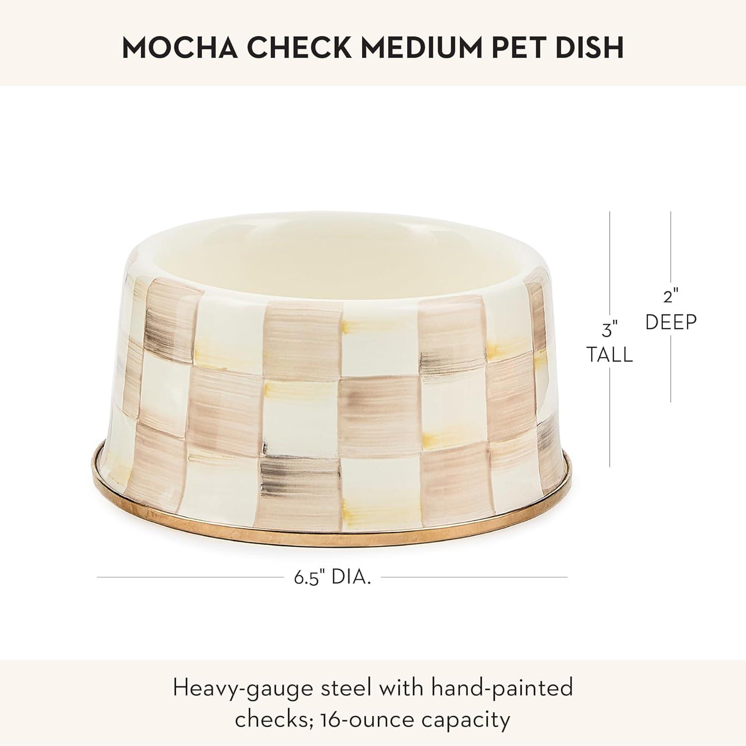 imageMACKENZIECHILDS Enamel Cat Dish Cute Cat Bowl for Food and Water GreenandWhite Emerald CheckMocha Check