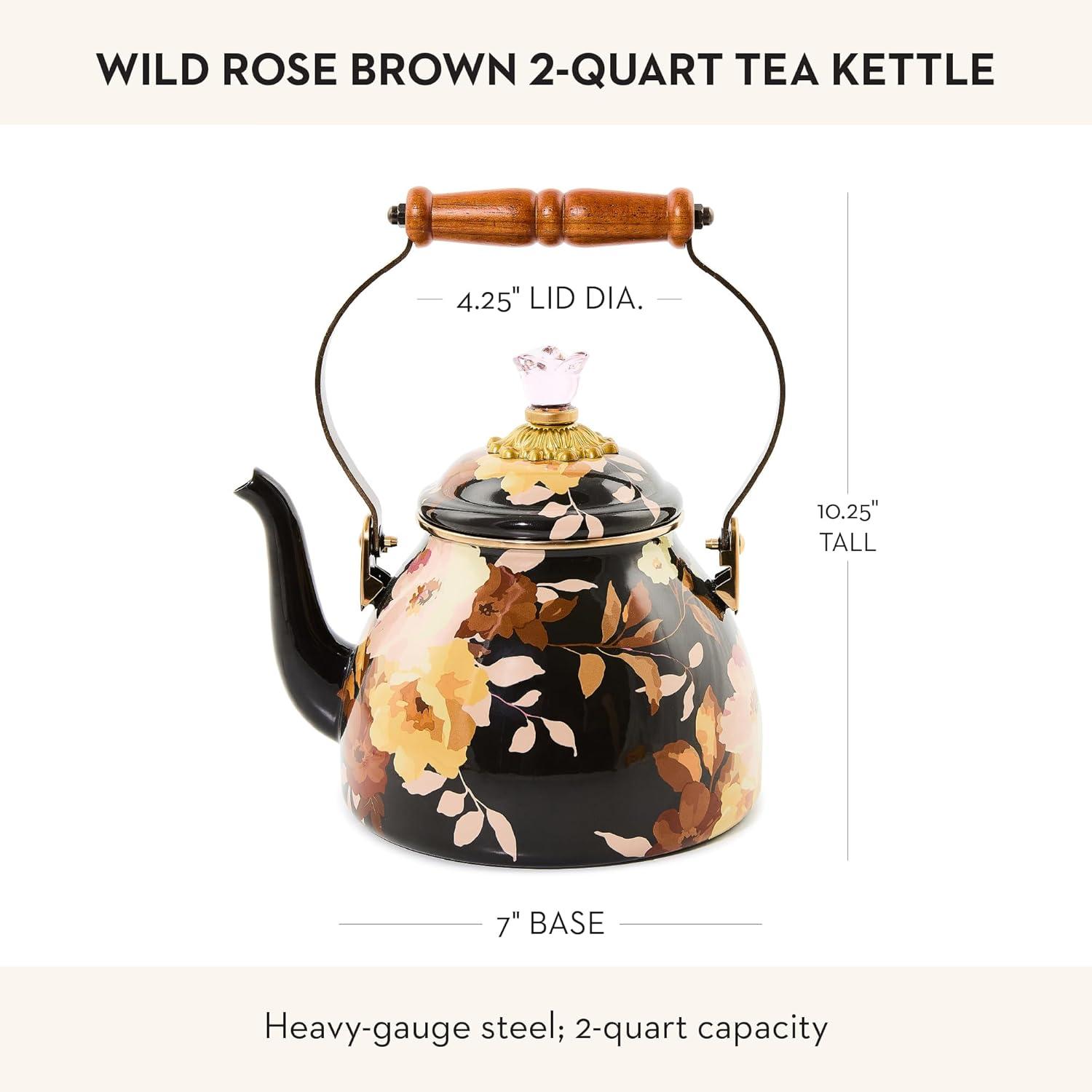 imageMACKENZIECHILDS Enamel Tea Kettle Cute Kitchen Kettle for Stovetop 2Quart Capacity Butterfly GardenBrown Wild Rose